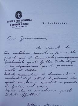 Lettera di Ettore Majorana del 2 marzo 1938 indirizzata a Giovannino Gentile.