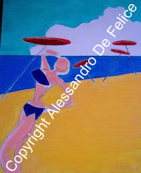 Alessandro De Felice, Bikini at the beach. Sagome in spiaggia (aprile 2007) cm.45x55 olio su tela.